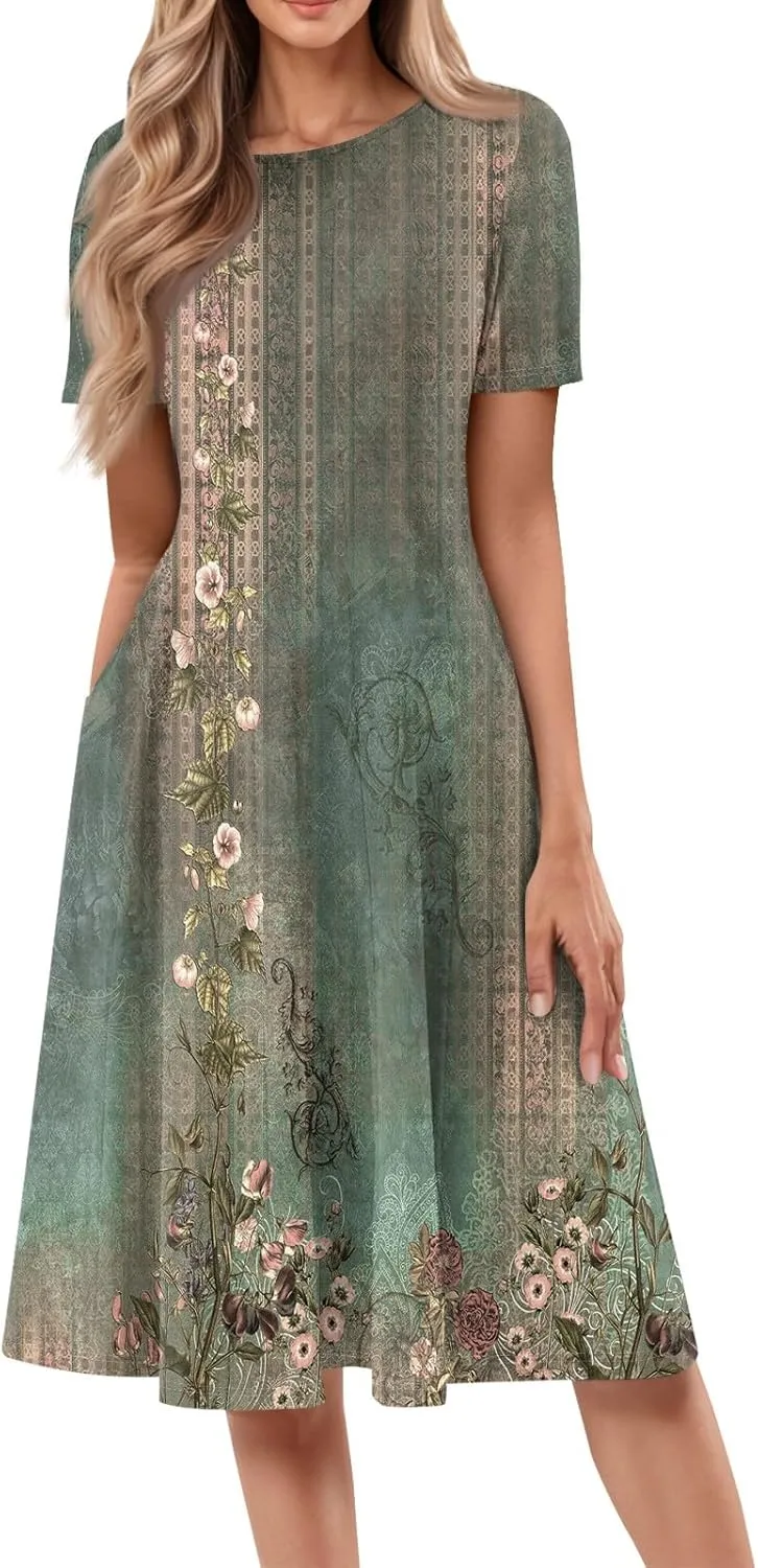Women's Midi Dresses Summer Casual Loose Trendy Short Sleeve Crew Neck Floral Print Boho Dress 2025 Plus Size, S-3XL