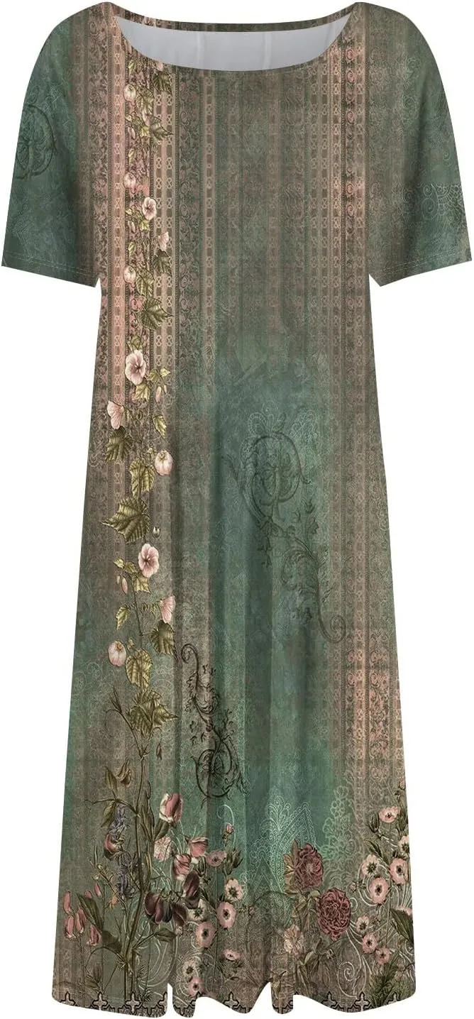 Women's Midi Dresses Summer Casual Loose Trendy Short Sleeve Crew Neck Floral Print Boho Dress 2025 Plus Size, S-3XL