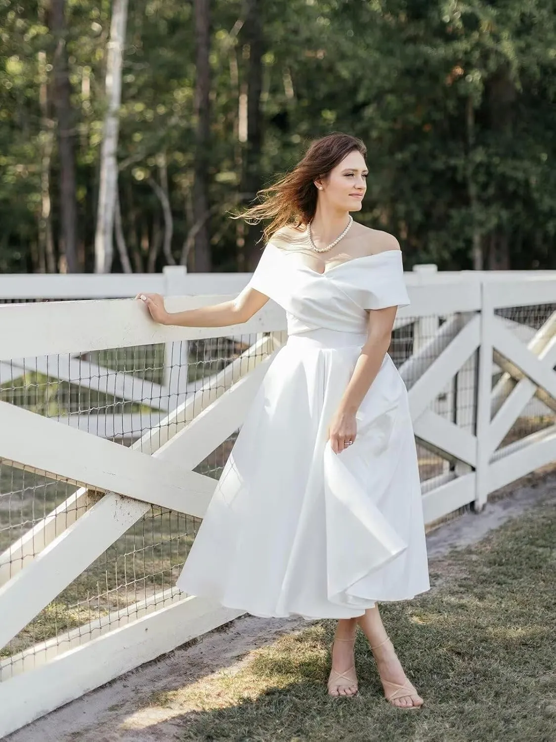 Women's Off The Shoulder Tea Lenght Wedding Dress for Bride Satin Midi A Line Simple Bridal Dress for Women