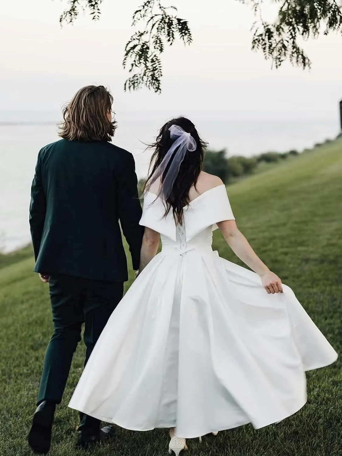 Women's Off The Shoulder Tea Lenght Wedding Dress for Bride Satin Midi A Line Simple Bridal Dress for Women