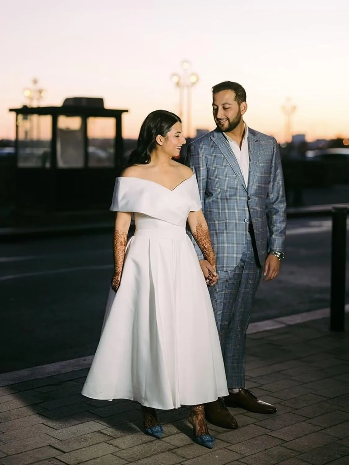 Women's Off The Shoulder Tea Lenght Wedding Dress for Bride Satin Midi A Line Simple Bridal Dress for Women