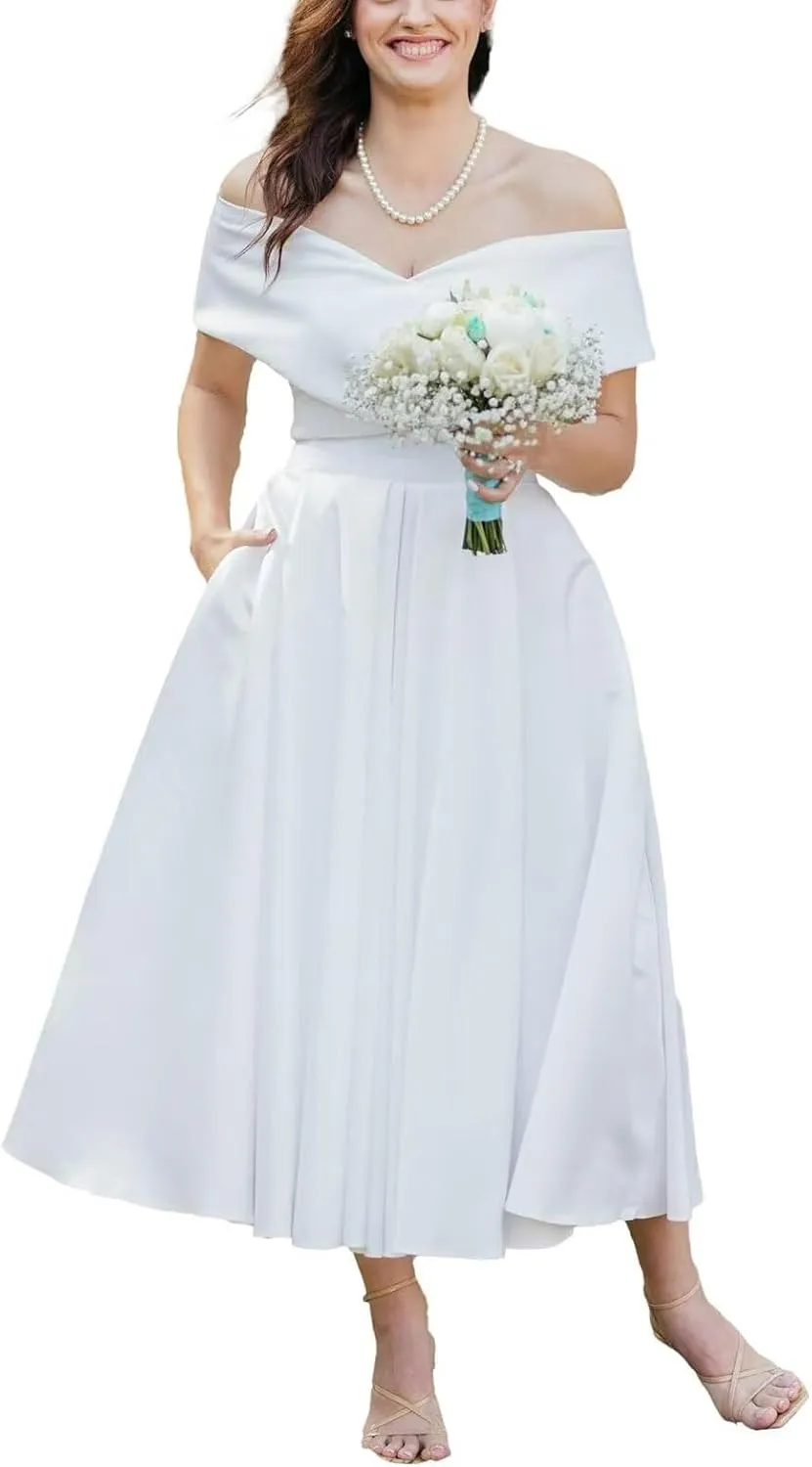 Women's Off The Shoulder Tea Lenght Wedding Dress for Bride Satin Midi A Line Simple Bridal Dress for Women