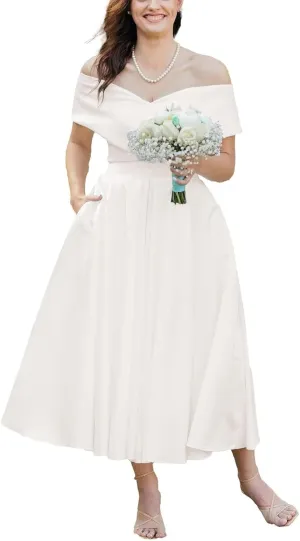 Women's Off The Shoulder Tea Lenght Wedding Dress for Bride Satin Midi A Line Simple Bridal Dress for Women