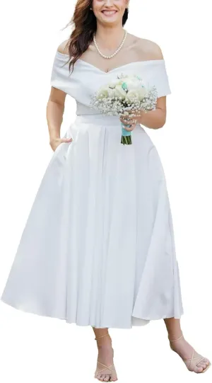 Women's Off The Shoulder Tea Lenght Wedding Dress for Bride Satin Midi A Line Simple Bridal Dress for Women