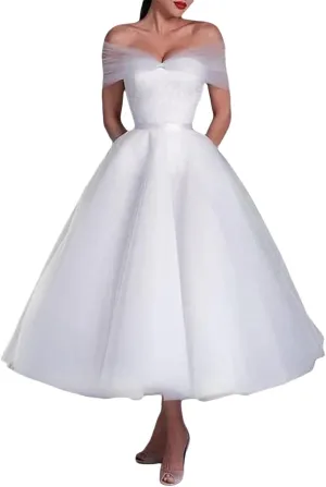 Women's Off The Shoulder Tea Lenght Wedding Dress for Bride Tulle Midi A Line Simple Bridal Dress for Women