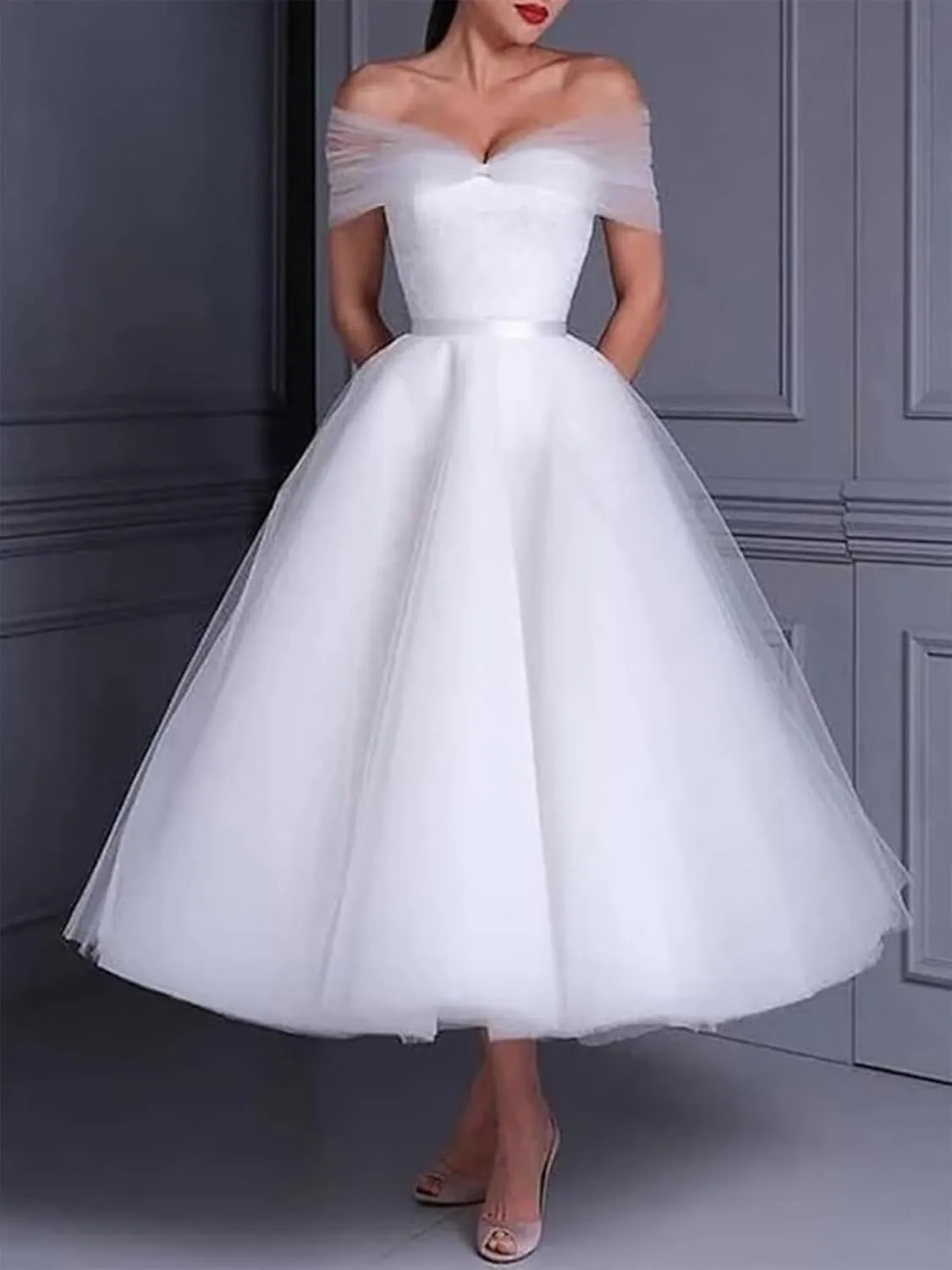 Women's Off The Shoulder Tea Lenght Wedding Dress for Bride Tulle Midi A Line Simple Bridal Dress for Women
