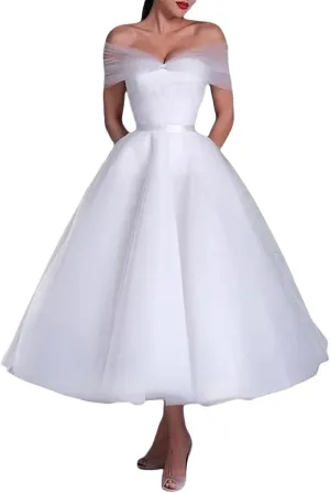 Women's Off The Shoulder Tea Lenght Wedding Dress for Bride Tulle Midi A Line Simple Bridal Dress for Women