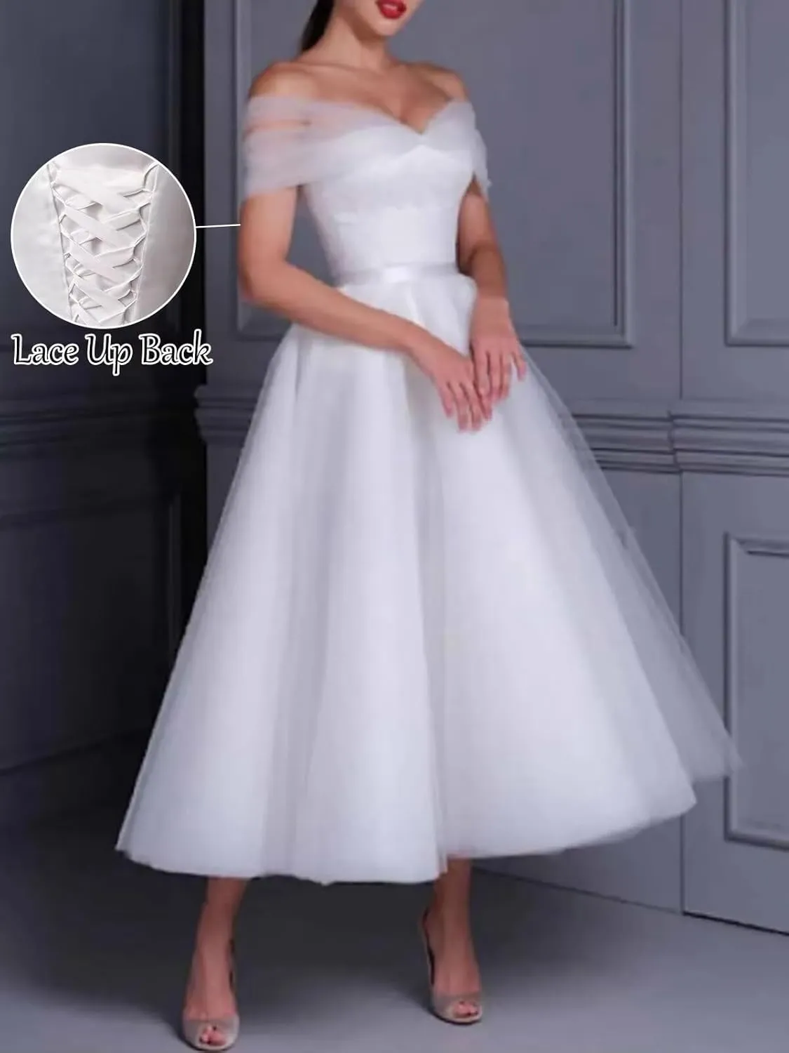 Women's Off The Shoulder Tea Lenght Wedding Dress for Bride Tulle Midi A Line Simple Bridal Dress for Women