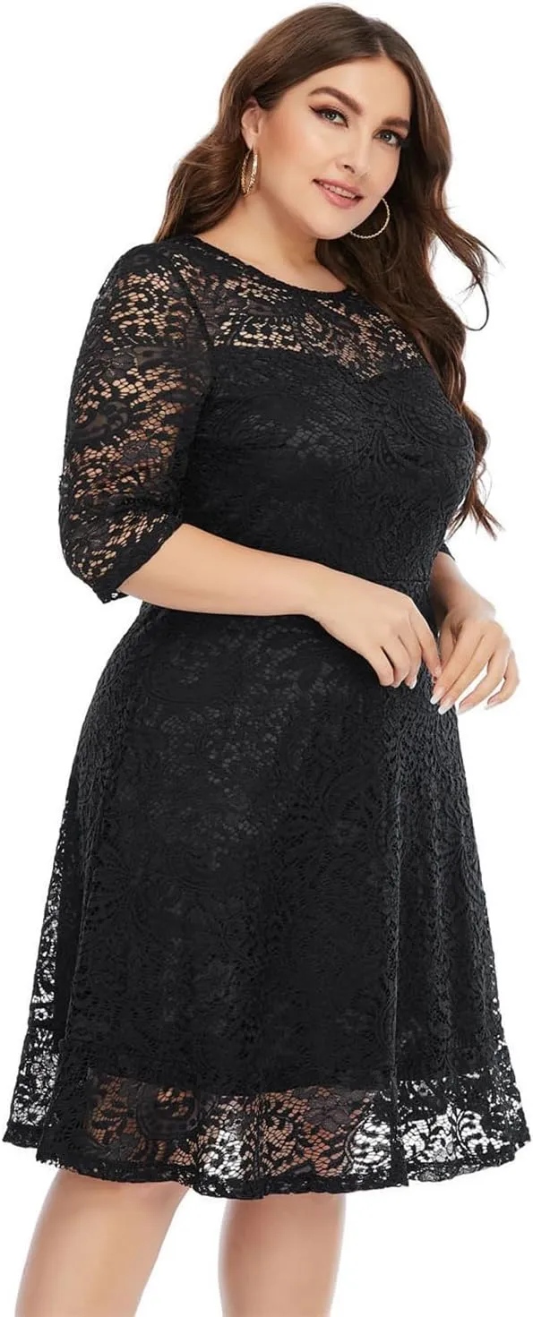 Women's Plus Size Floral Lace Party Dress Cocktail Midi Dress Wedding Dresses with Pockets