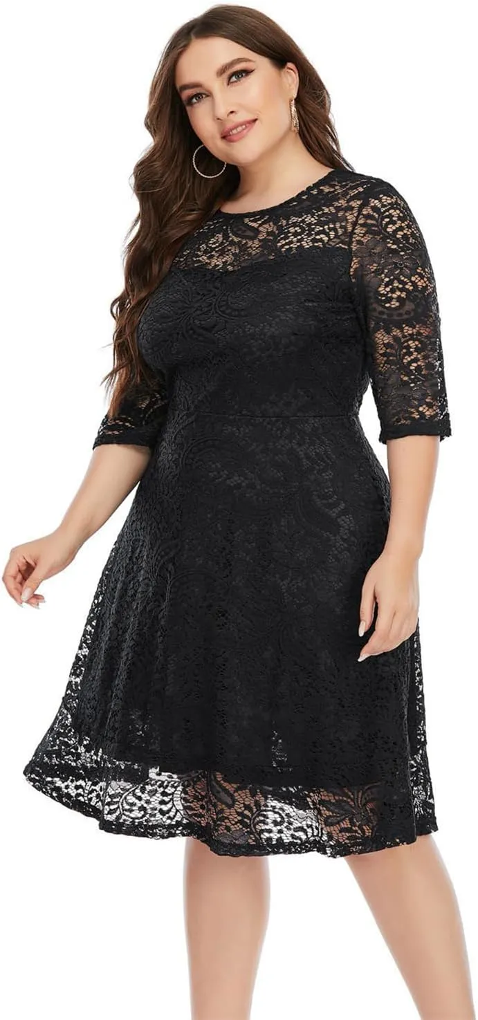 Women's Plus Size Floral Lace Party Dress Cocktail Midi Dress Wedding Dresses with Pockets