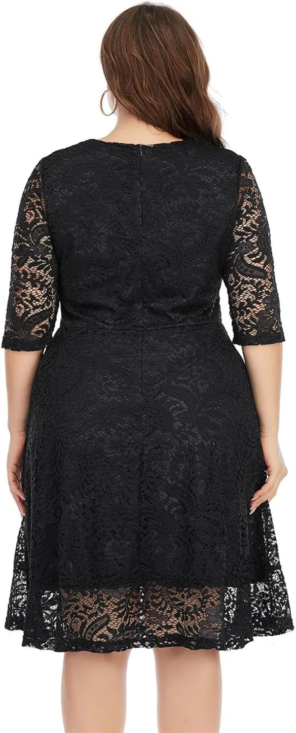 Women's Plus Size Floral Lace Party Dress Cocktail Midi Dress Wedding Dresses with Pockets