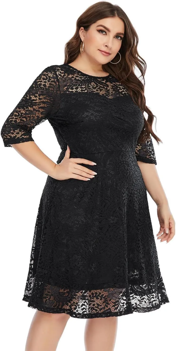 Women's Plus Size Floral Lace Party Dress Cocktail Midi Dress Wedding Dresses with Pockets