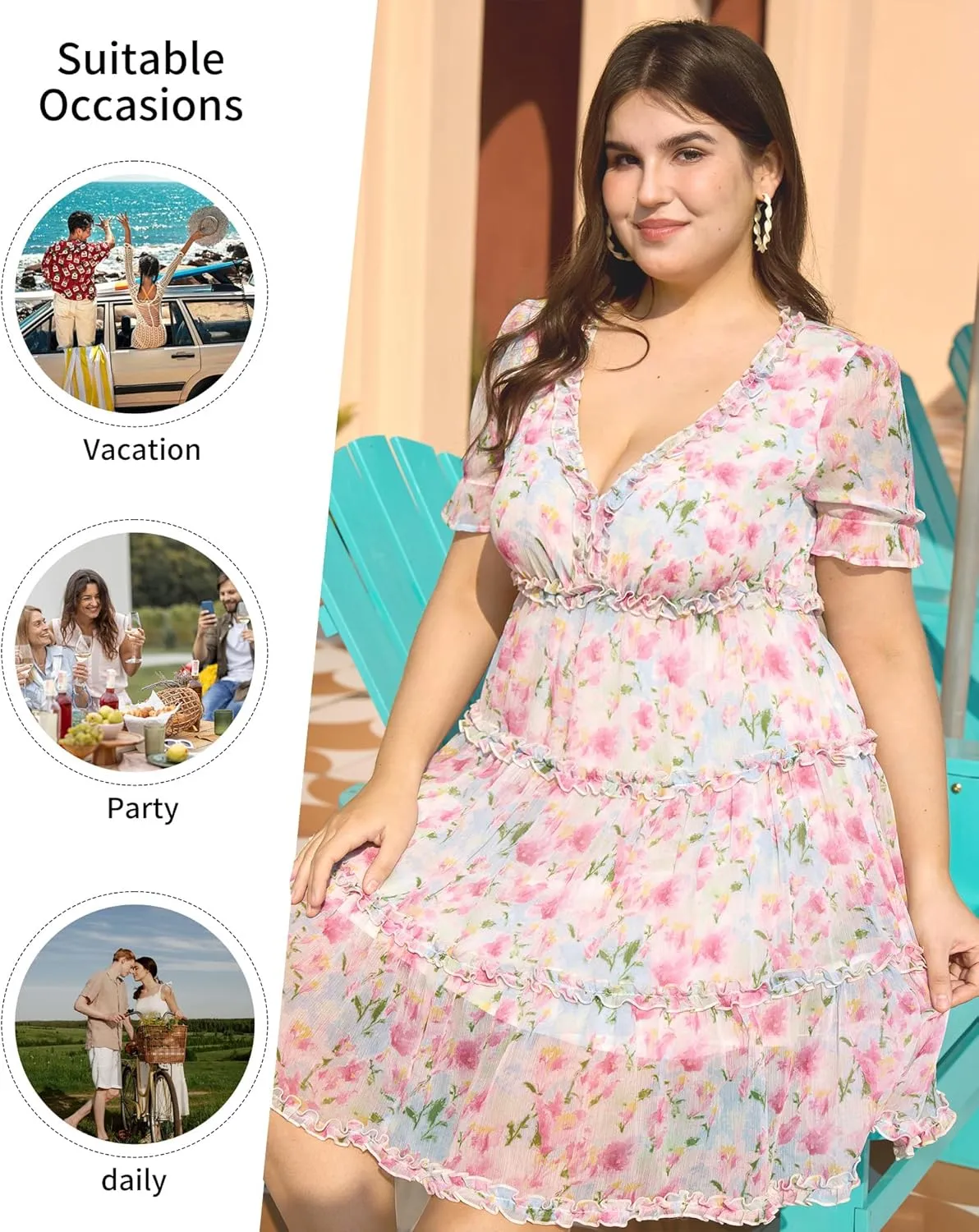Women's Plus Size Floral Midi Dress Summer Casual Boho Floral Print Deep V Neck Ruffle Short Sleeve Flowy Beach Party Dresses