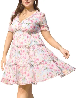 Women's Plus Size Floral Midi Dress Summer Casual Boho Floral Print Deep V Neck Ruffle Short Sleeve Flowy Beach Party Dresses