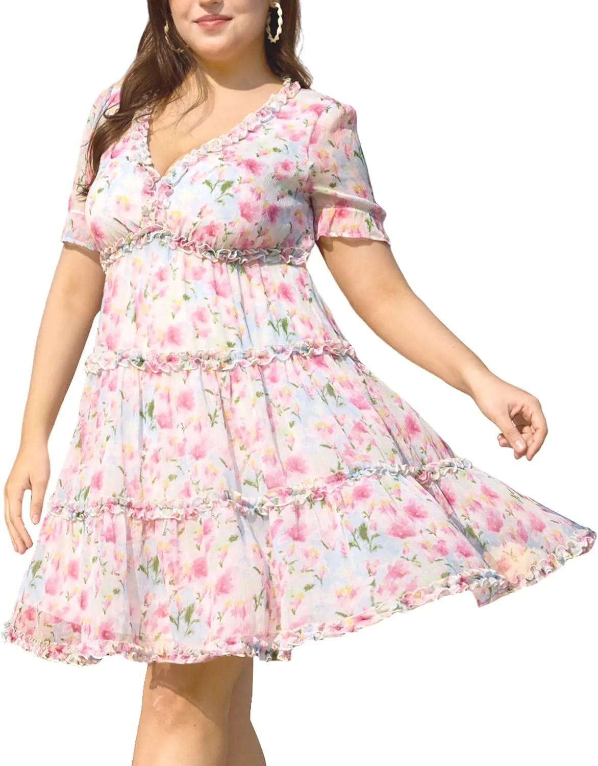 Women's Plus Size Floral Midi Dress Summer Casual Boho Floral Print Deep V Neck Ruffle Short Sleeve Flowy Beach Party Dresses