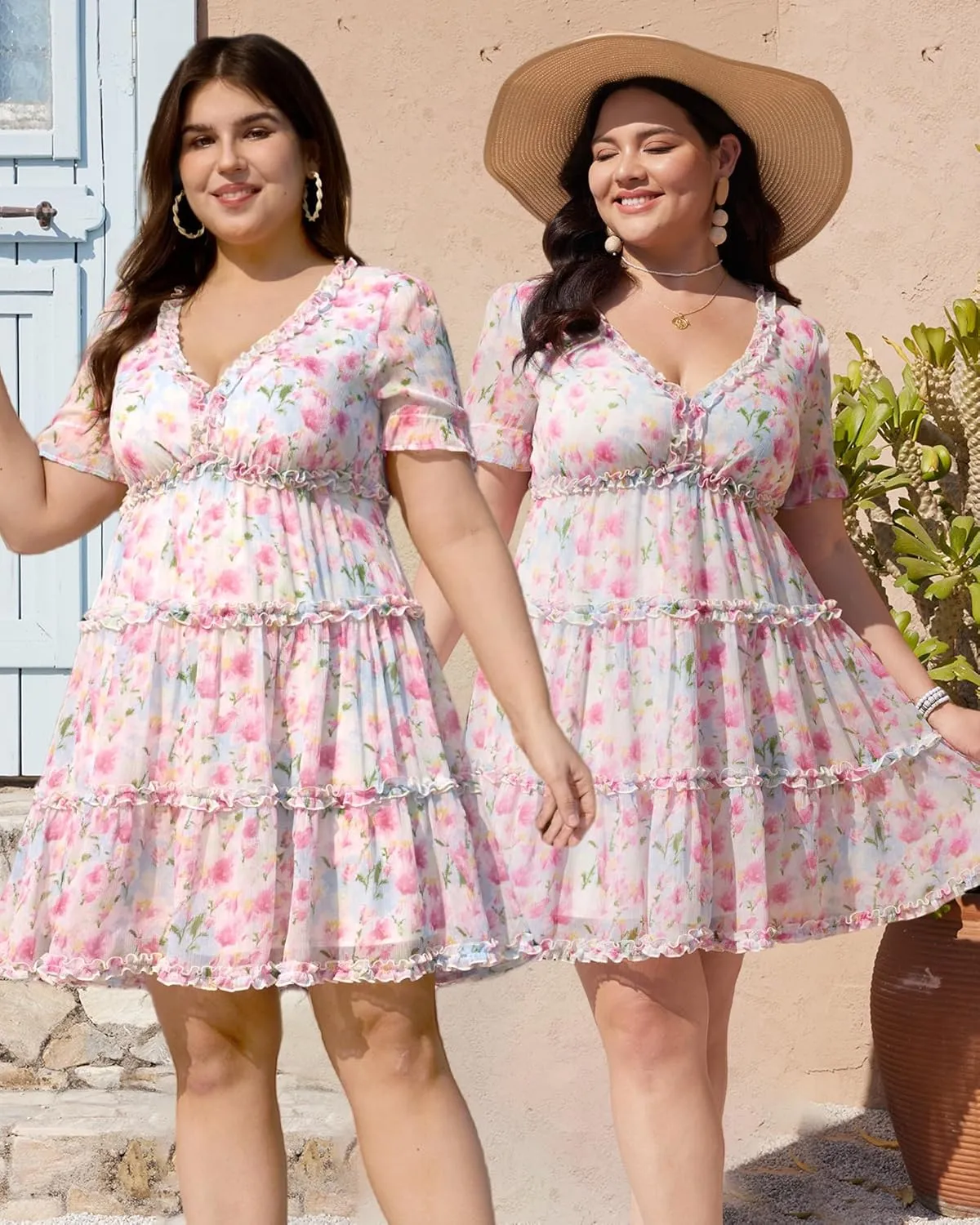 Women's Plus Size Floral Midi Dress Summer Casual Boho Floral Print Deep V Neck Ruffle Short Sleeve Flowy Beach Party Dresses