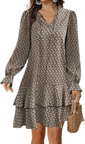 Womens Print Ruffle Tiered Layered Smock Long Sleeve Mini Dress Spring Casual V Neck Flowy Swing Short Dresses