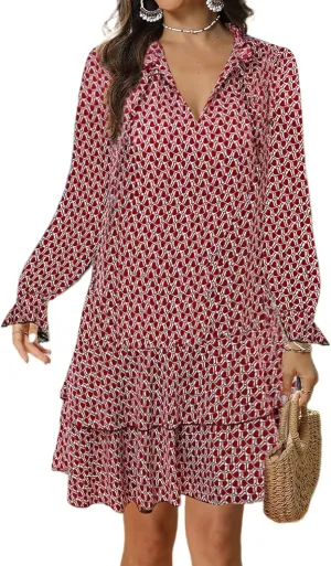 Womens Print Ruffle Tiered Layered Smock Long Sleeve Mini Dress Spring Casual V Neck Flowy Swing Short Dresses
