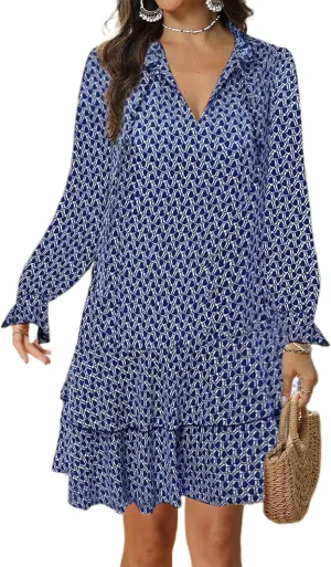 Womens Print Ruffle Tiered Layered Smock Long Sleeve Mini Dress Spring Casual V Neck Flowy Swing Short Dresses