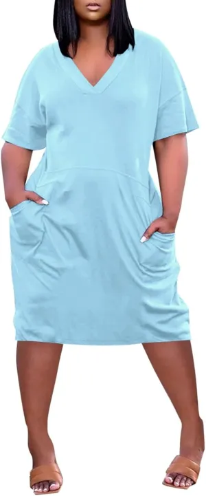 Women's Rompers Dressy Summer Casual Loose Dress 2024 Short Sleeve V-Neck Solid Color Beach Dresses, L-5XL