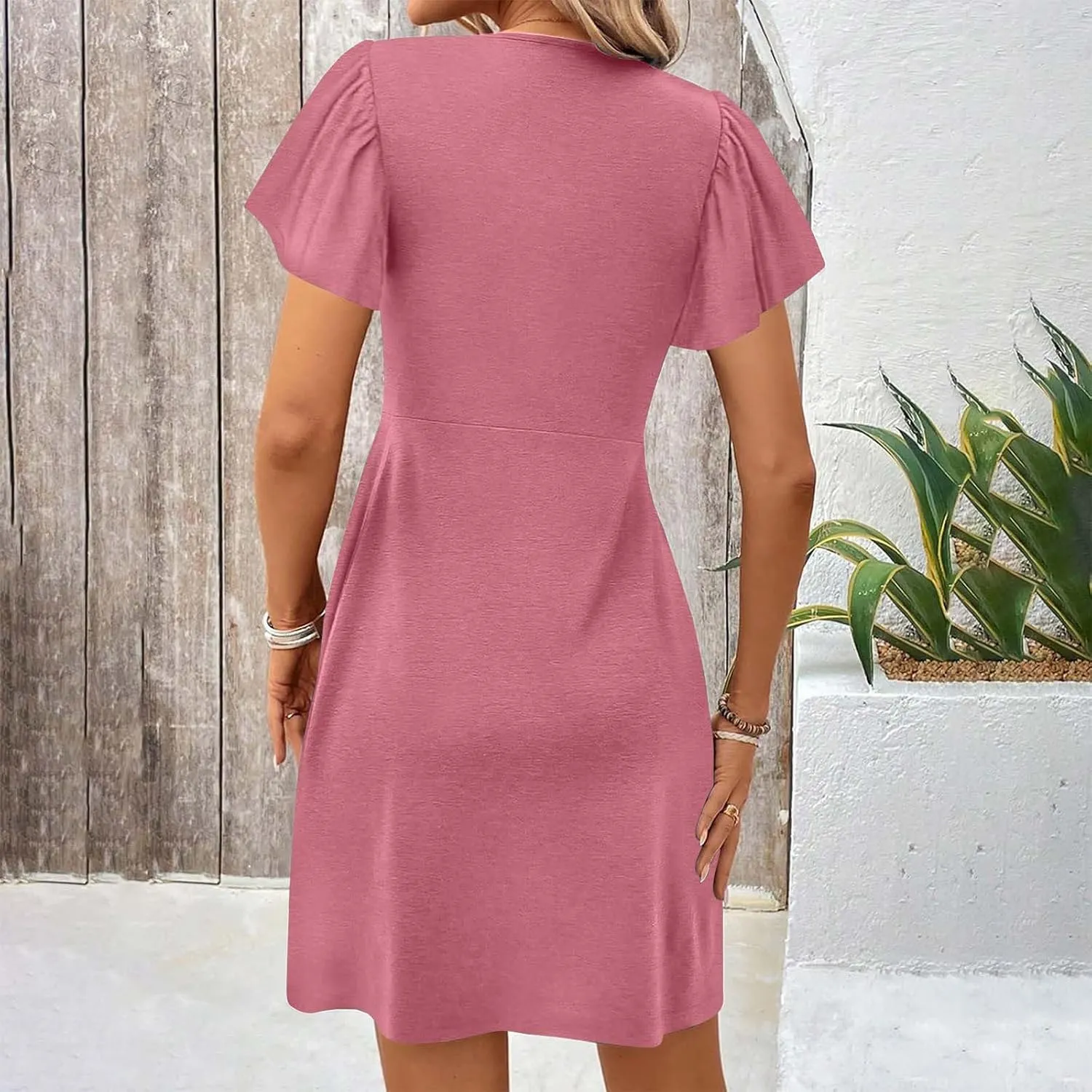 Womens Ruffle Sleeve Layered Mini Dress Smocked Waist Short Dress Boho V Neck Floral Print Cute Summer Dresses
