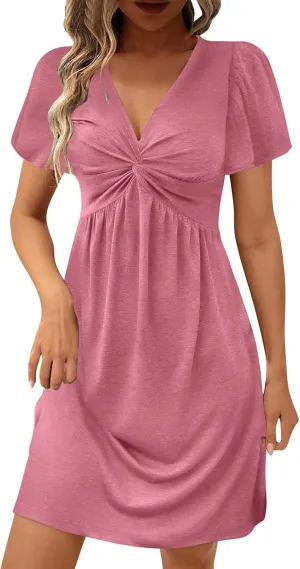 Womens Ruffle Sleeve Layered Mini Dress Smocked Waist Short Dress Boho V Neck Floral Print Cute Summer Dresses