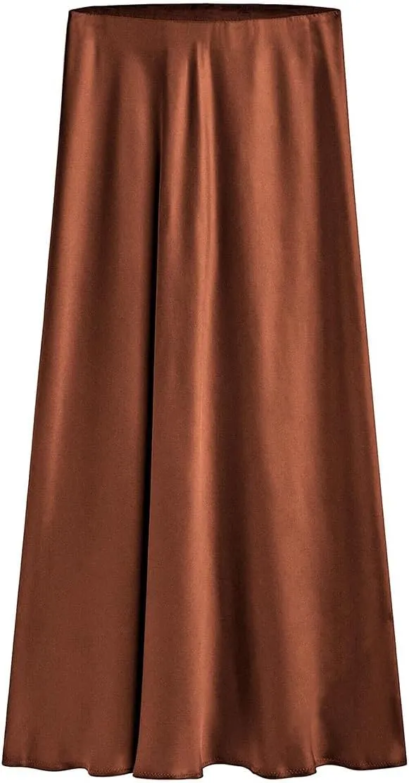 Women's Satin Long Skirts High Waist Elastic Maxi Skirt Party Dresses Silk A Line Midi Skirt