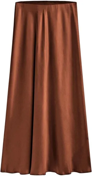 Women's Satin Long Skirts High Waist Elastic Maxi Skirt Party Dresses Silk A Line Midi Skirt