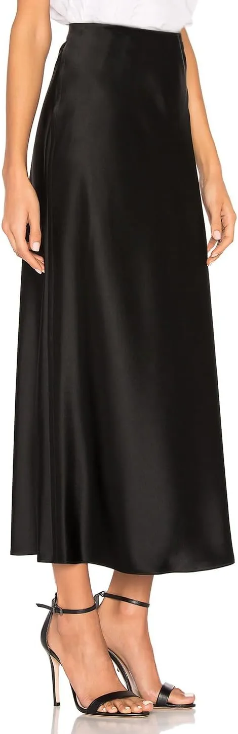 Women's Satin Long Skirts High Waist Elastic Maxi Skirt Party Dresses Silk A Line Midi Skirt