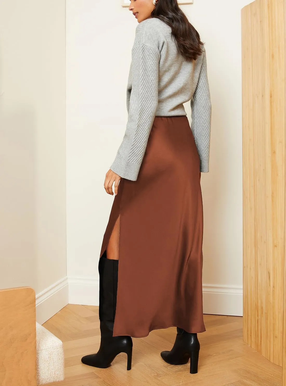 Women's Satin Long Skirts High Waist Elastic Maxi Skirt Party Dresses Silk A Line Midi Skirt