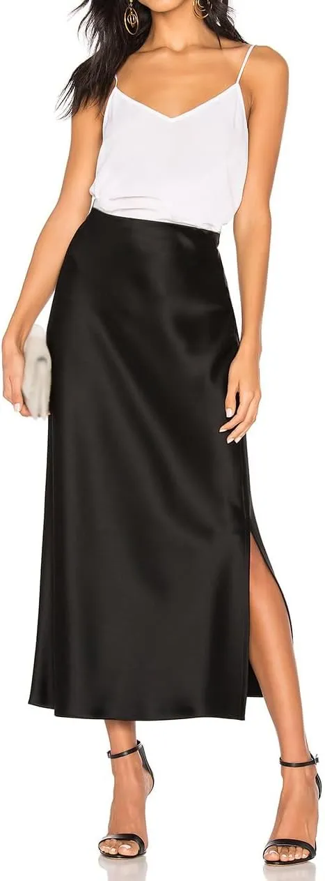 Women's Satin Long Skirts High Waist Elastic Maxi Skirt Party Dresses Silk A Line Midi Skirt