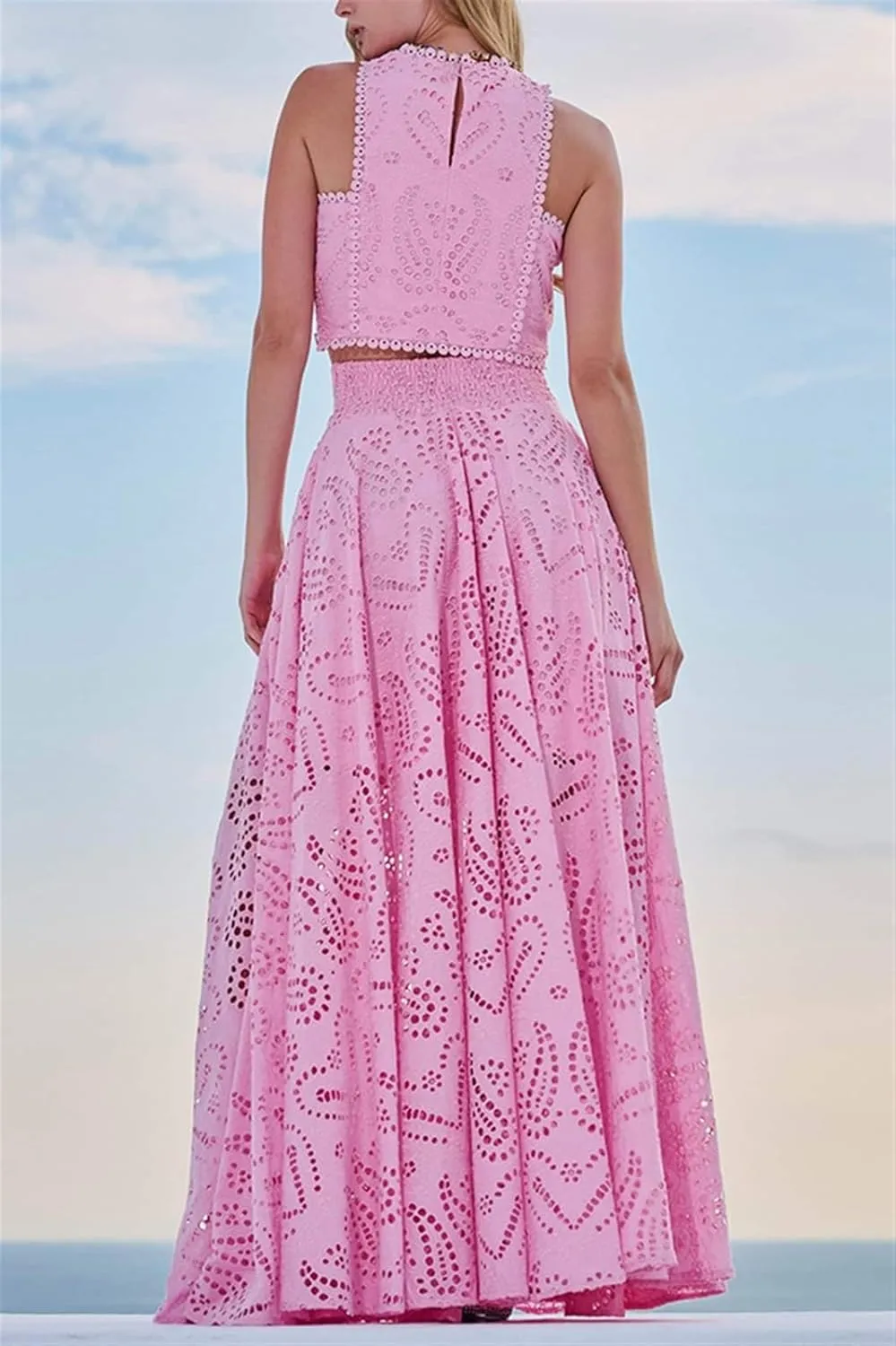 Women's Sexy 2 Piece Eyelet Dress - Lace Embroidery Sleeveless Tight Skirt Party Club Wear Casual Vacation Set