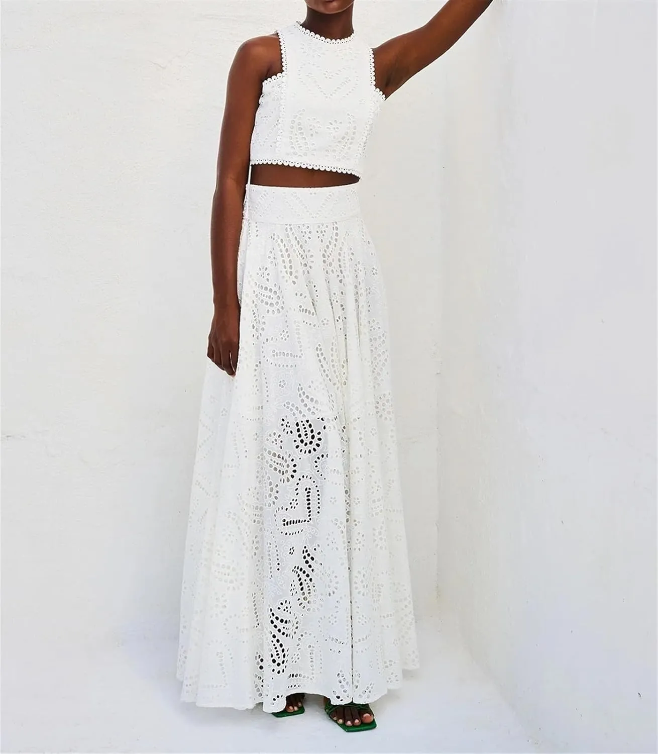 Women's Sexy 2 Piece Eyelet Dress - Lace Embroidery Sleeveless Tight Skirt Party Club Wear Casual Vacation Set