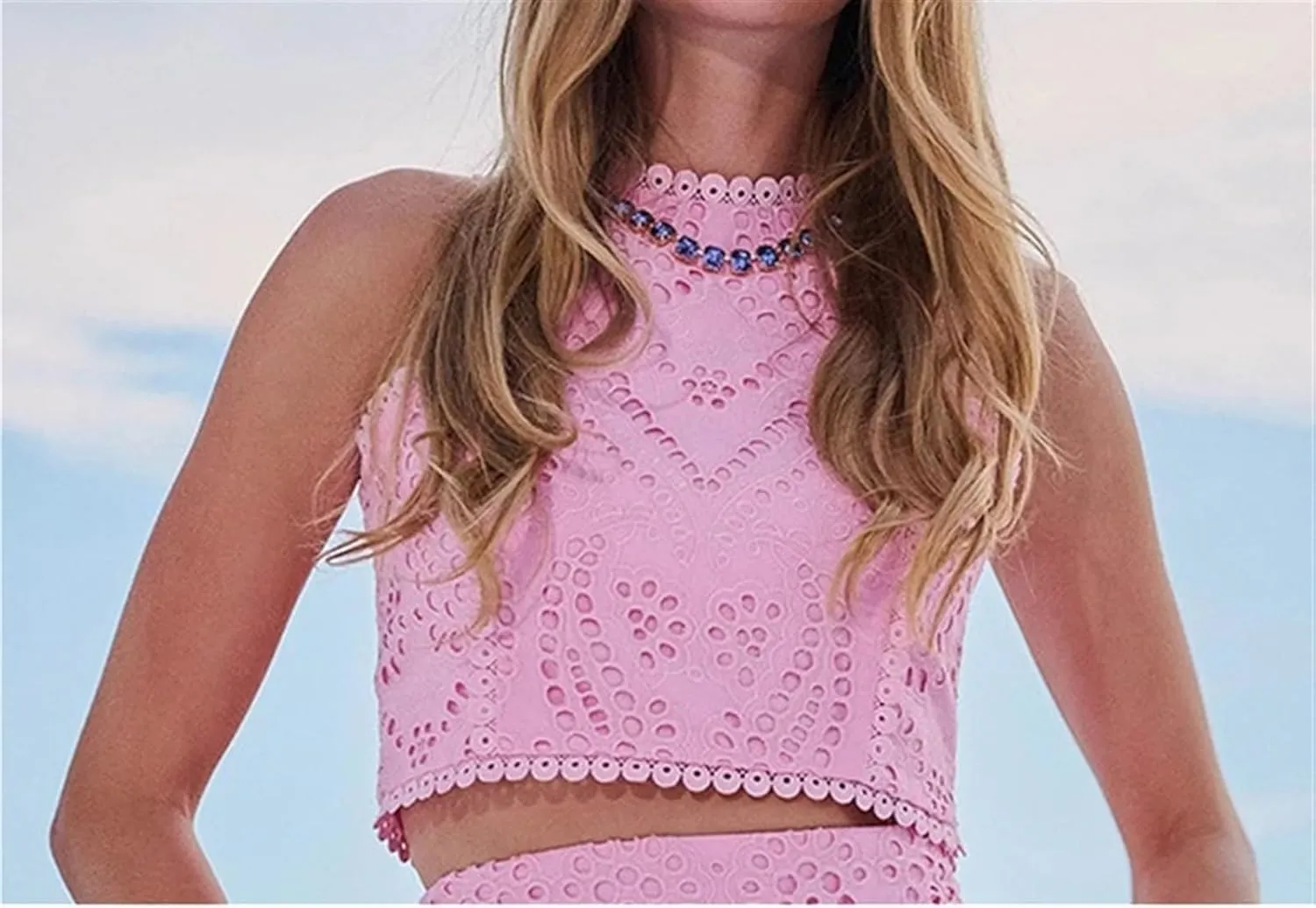 Women's Sexy 2 Piece Eyelet Dress - Lace Embroidery Sleeveless Tight Skirt Party Club Wear Casual Vacation Set