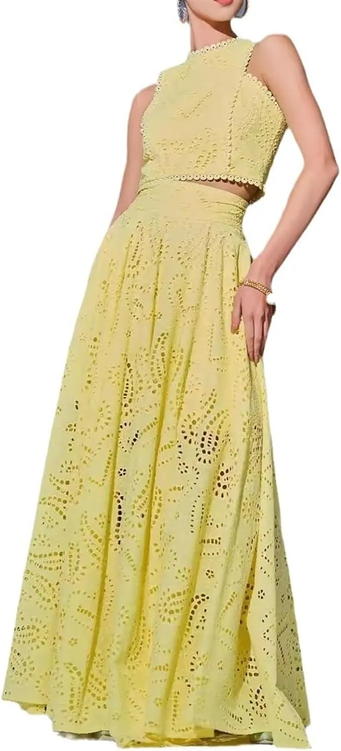 Women's Sexy 2 Piece Eyelet Dress - Lace Embroidery Sleeveless Tight Skirt Party Club Wear Casual Vacation Set
