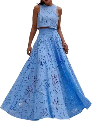 Women's Sexy 2 Piece Eyelet Dress - Lace Embroidery Sleeveless Tight Skirt Party Club Wear Casual Vacation Set
