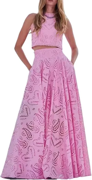 Women's Sexy 2 Piece Eyelet Dress - Lace Embroidery Sleeveless Tight Skirt Party Club Wear Casual Vacation Set
