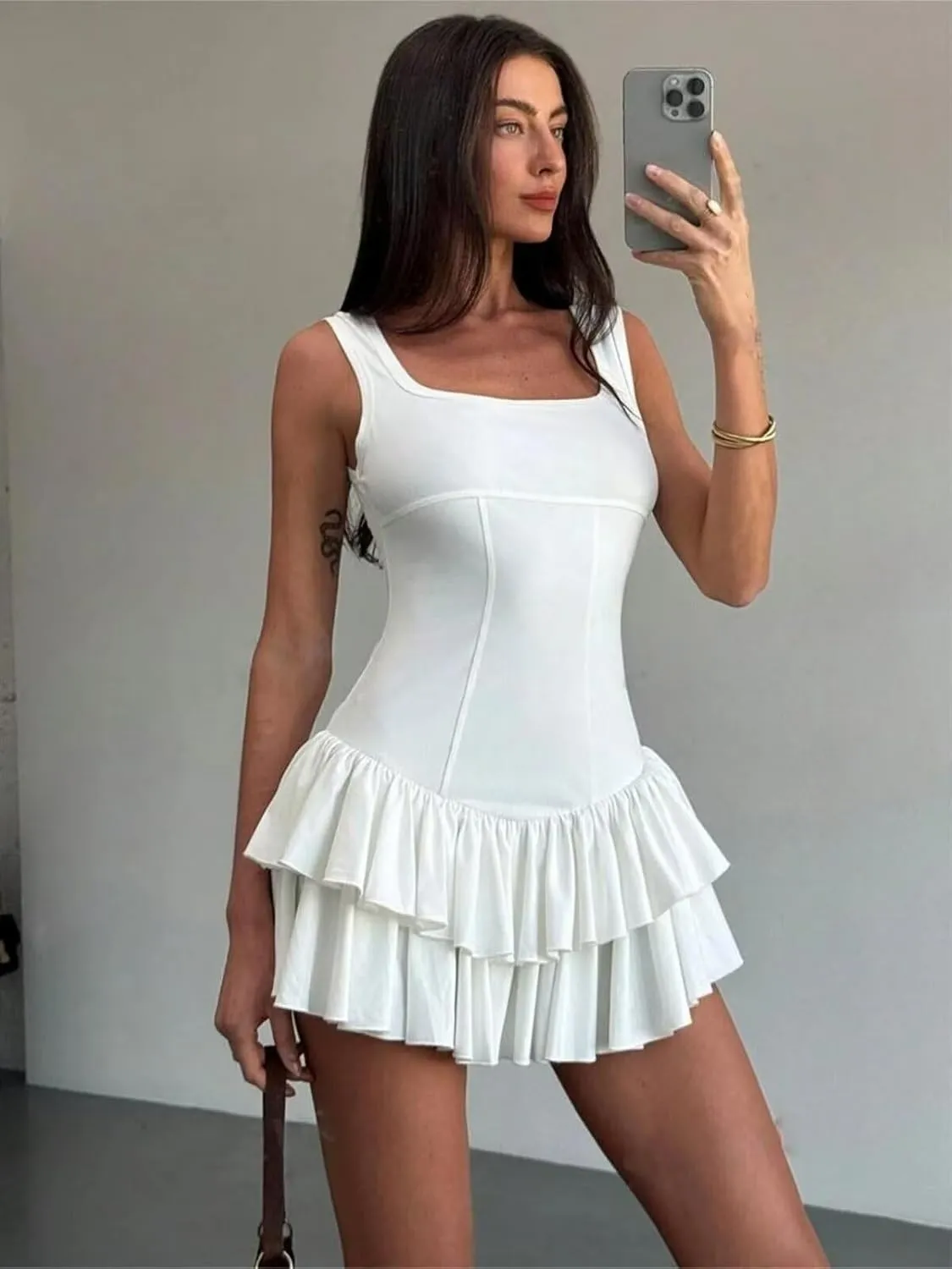 Women's Sexy Mini Dress 2025 Summer Square Neck Ruffle Ruched Corset Party Club Tank Short Dresses