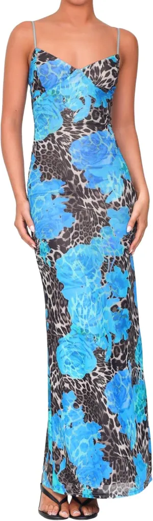Womens Sexy V Neck Satin Maxi Dresses Spaghetti Strap Floral Print Dresses Slim Fit Elegant Long Dresses Night Party Outfits