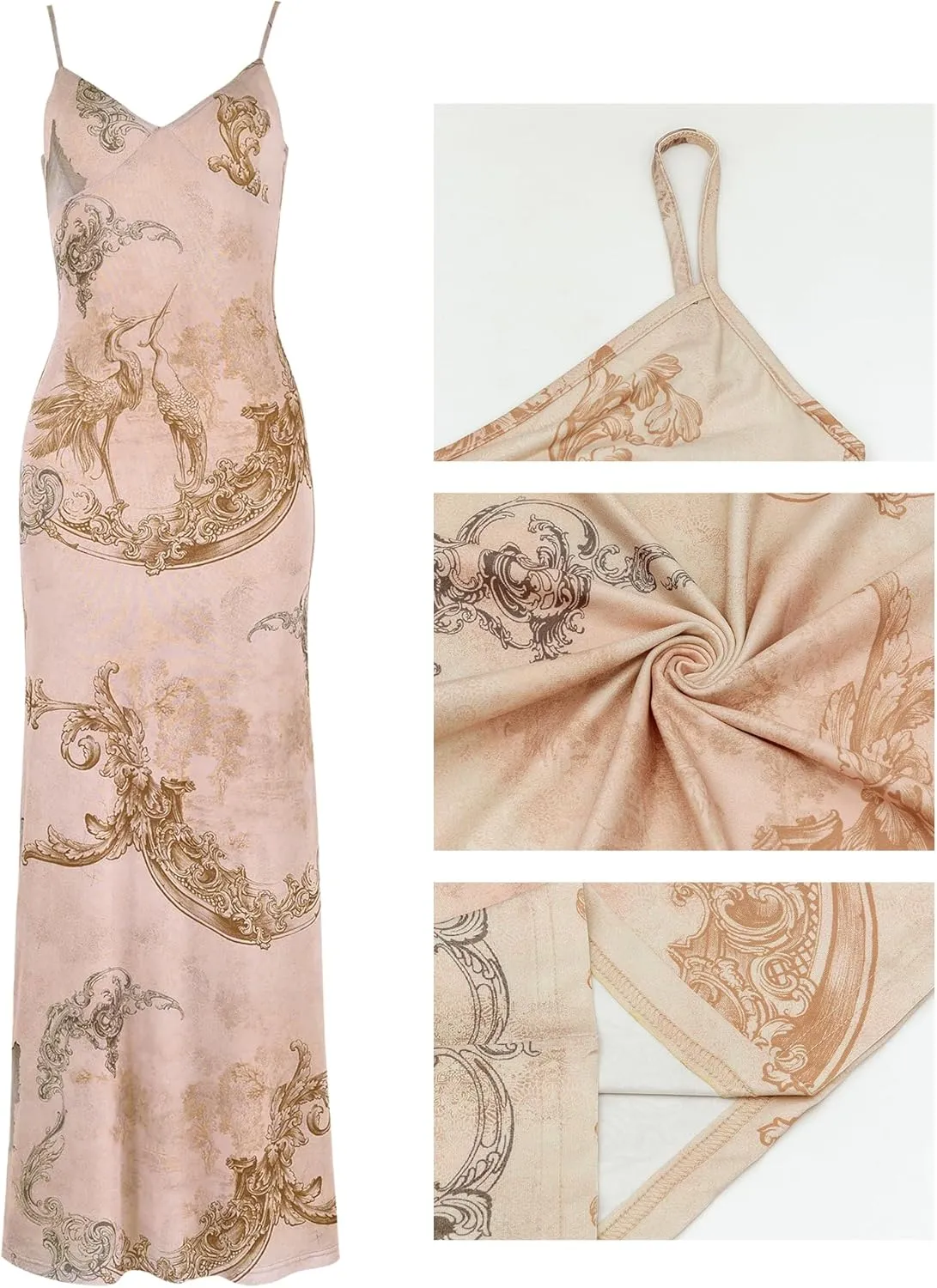 Womens Sexy V Neck Satin Maxi Dresses Spaghetti Strap Floral Print Dresses Slim Fit Elegant Long Dresses Night Party Outfits
