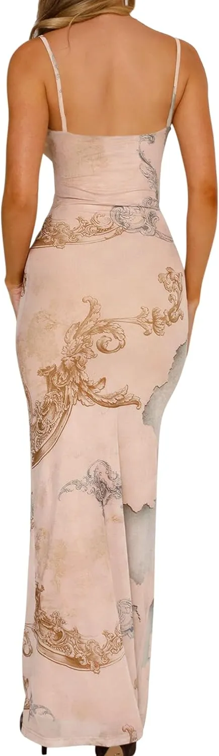 Womens Sexy V Neck Satin Maxi Dresses Spaghetti Strap Floral Print Dresses Slim Fit Elegant Long Dresses Night Party Outfits