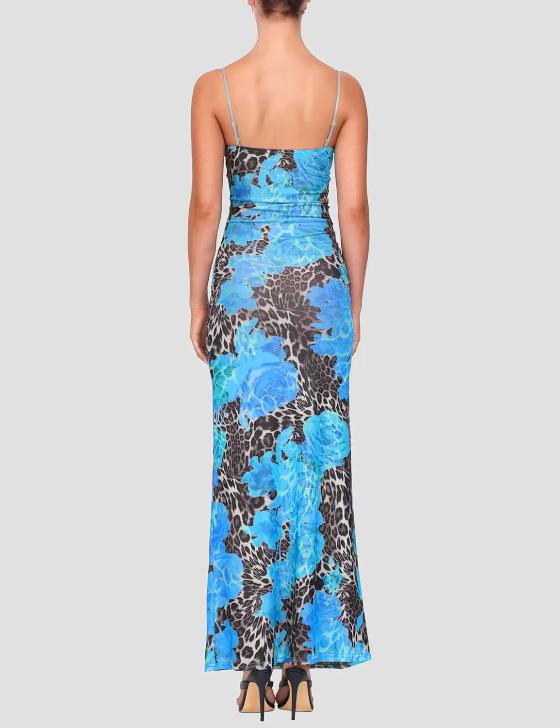 Womens Sexy V Neck Satin Maxi Dresses Spaghetti Strap Floral Print Dresses Slim Fit Elegant Long Dresses Night Party Outfits