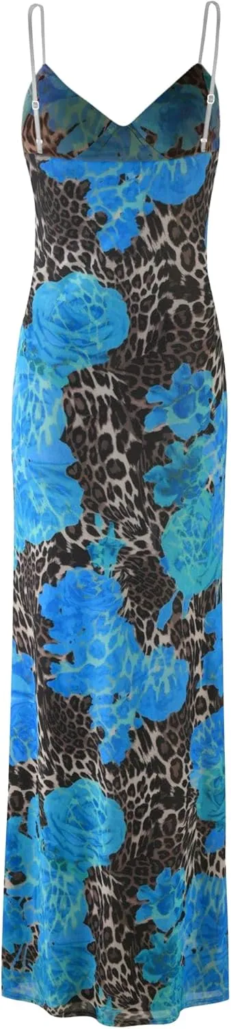 Womens Sexy V Neck Satin Maxi Dresses Spaghetti Strap Floral Print Dresses Slim Fit Elegant Long Dresses Night Party Outfits