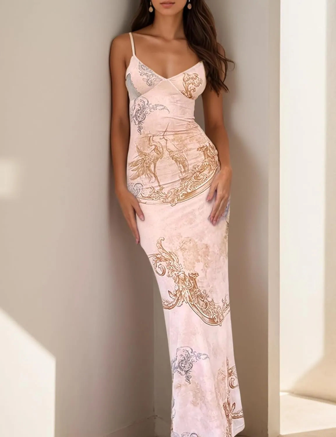 Womens Sexy V Neck Satin Maxi Dresses Spaghetti Strap Floral Print Dresses Slim Fit Elegant Long Dresses Night Party Outfits