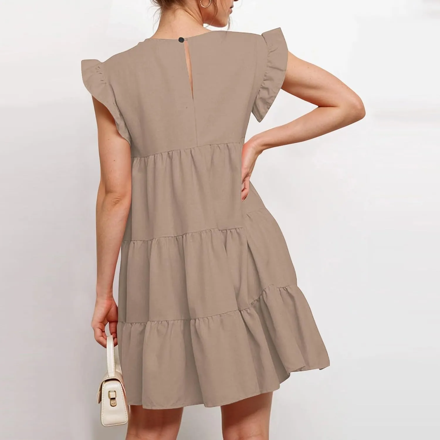 Women's Short Dresses Summer Round Neck Ruffle Sleeve Solid Color Beach Flowy Short Tunic Mini Dress Casual, S-2XL