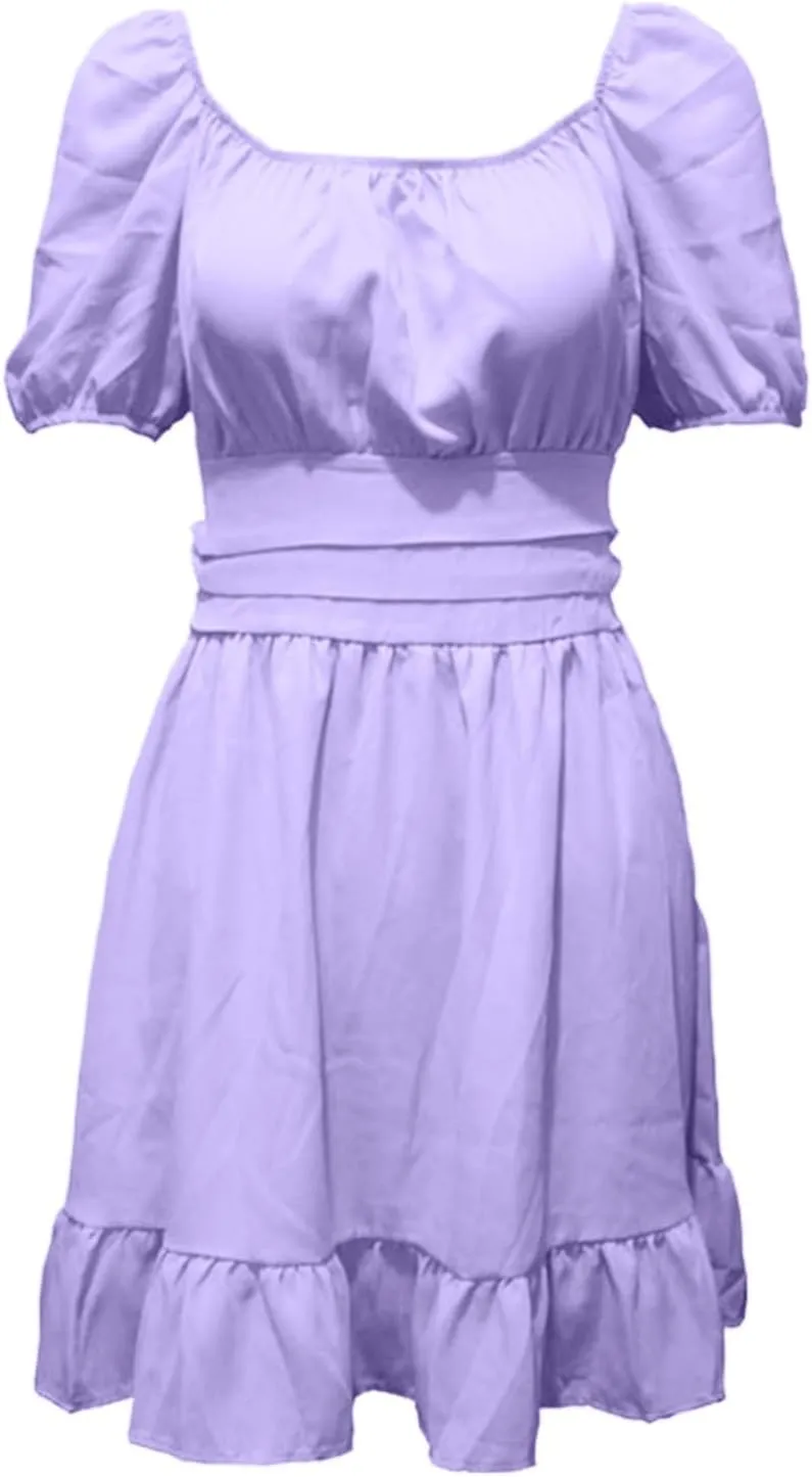 Women's Smocked Ruffle Mini Dress Mesh Long Sleeve Square Neck Party Dresses Flowy Casual A Line Summer Skirt