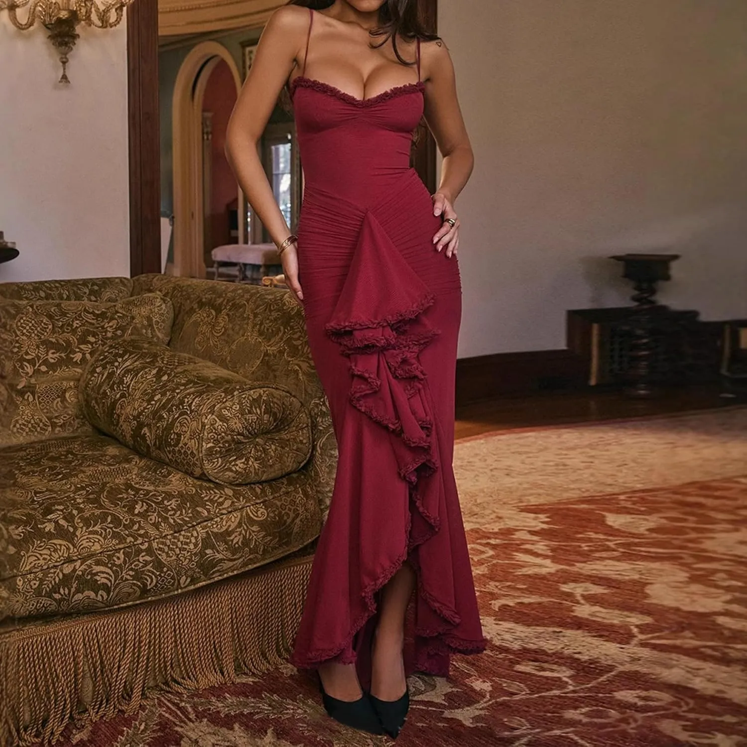 Women's Spaghetti Strap Maxi Dress High Split Ruffle Hem Bodycon Cocktail Dresses Evening Party Dress