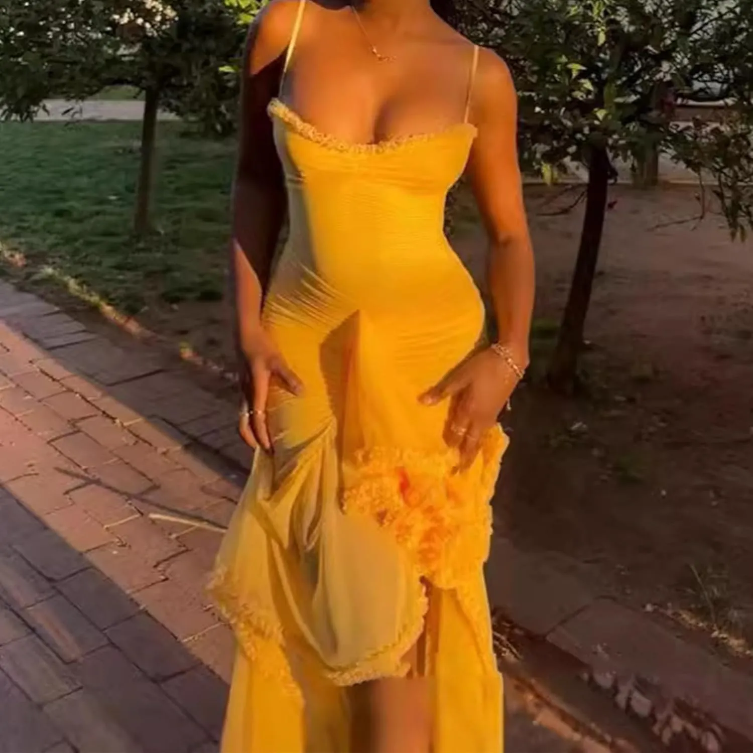 Women's Spaghetti Strap Maxi Dress High Split Ruffle Hem Bodycon Cocktail Dresses Evening Party Dress