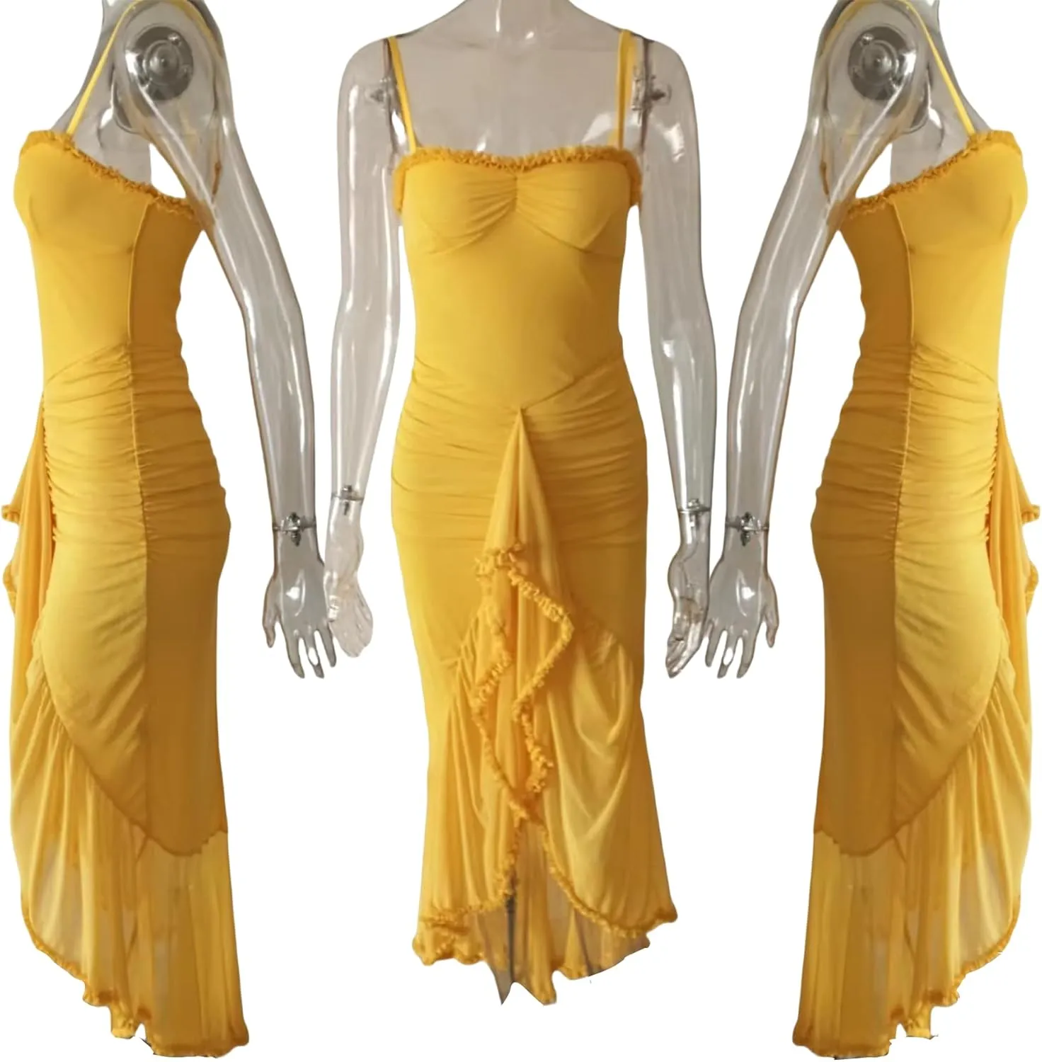Women's Spaghetti Strap Maxi Dress High Split Ruffle Hem Bodycon Cocktail Dresses Evening Party Dress