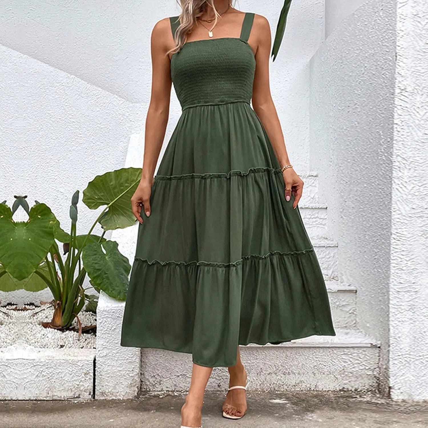 Womens Spaghetti Strap Smocked Midi Dresses Simple Solid Color Sun Dresses Trendy Flowy Tiered Beach Dress
